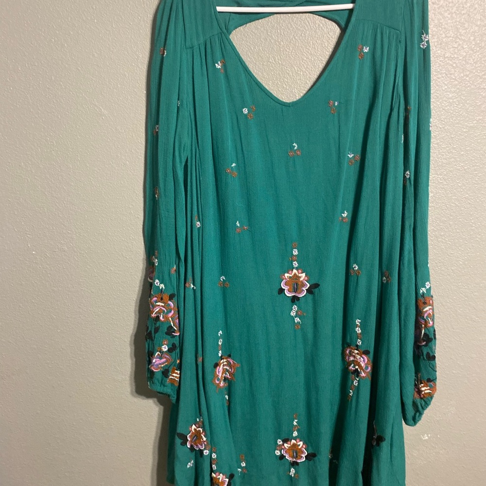Free People Green Embellished Sundress with Bishop Sleeves